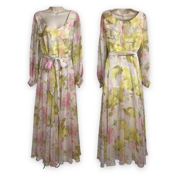 Vintage 1970s Floral Chiffon Maxi Dress Long Sleeve Tie Belt Back Zip Medium - Picture 1 of 14